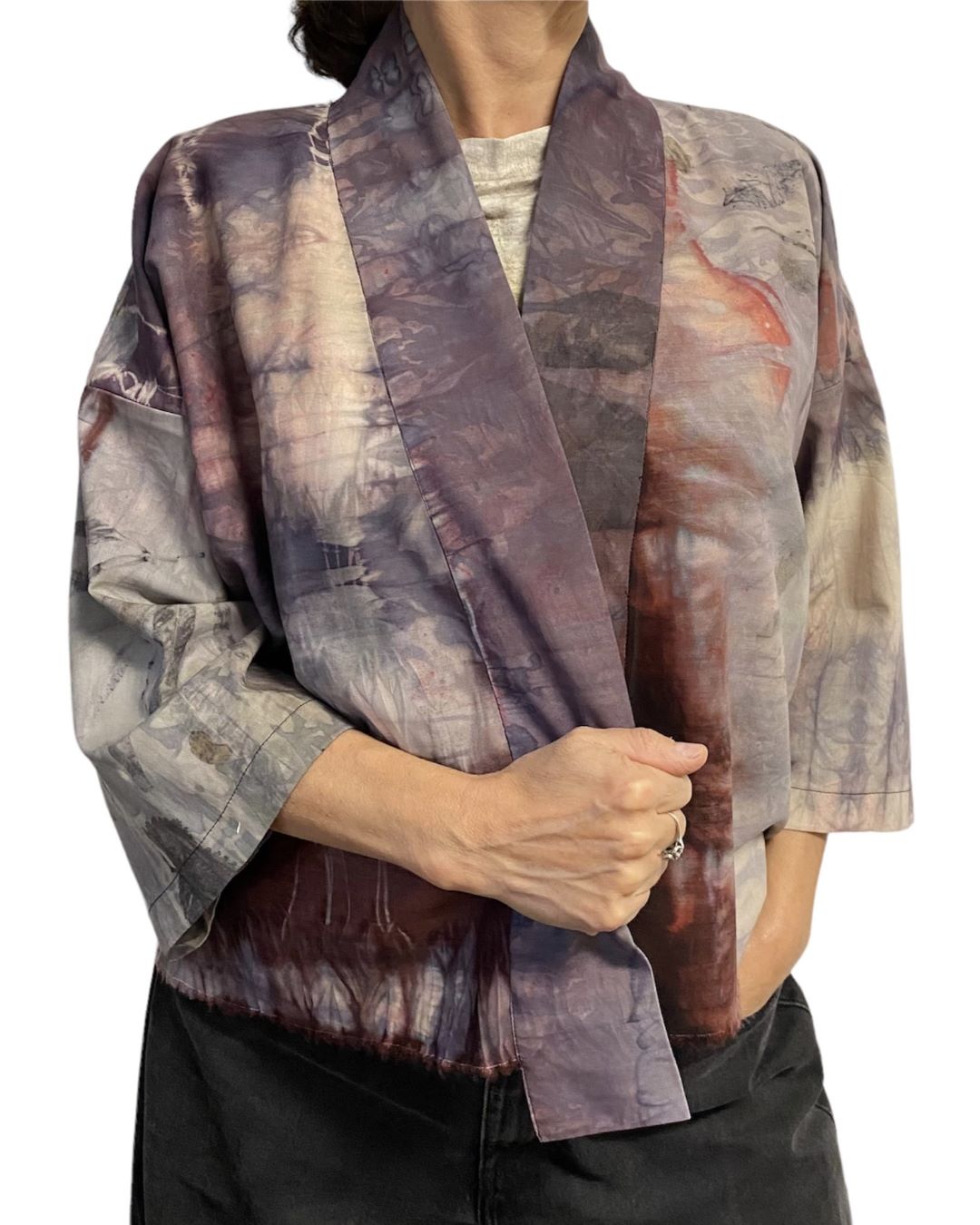 kimono in lana stampato naturalmente indossato